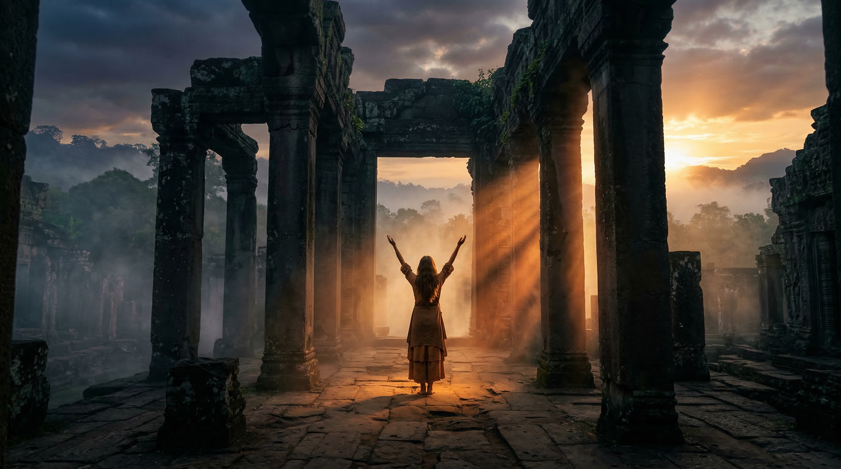Temple ruins at sunrise — spiritual awakening